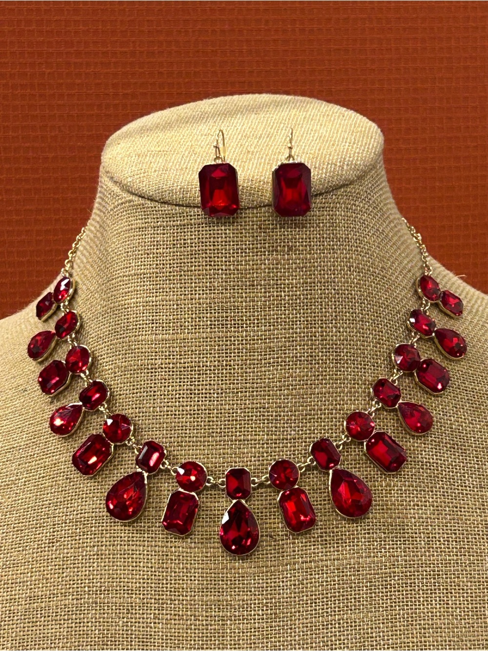 Monet Red Crystal Teardrop Statement Necklace and Earrings